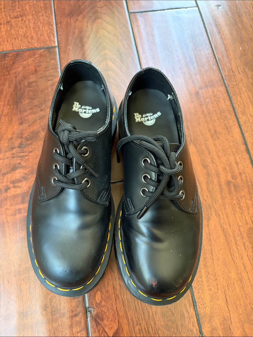 Dr. Martens Black Leather platform  3-Eye Shoes with Yellow Stitching